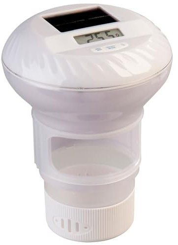 infactory Dosierschwimmer: 3in1-Poolthermometer, Chlor-Dosierer und RGB-Leuchte, Solar, Akku, LCD (Gartenteich-Thermometer, Baby-Wasserthermometer, Desinfektion)