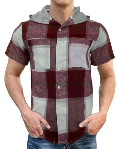 Camisa a cuadros para hombre de manga corta con capucha, camisa de verano para hombre, camisa de leñador con botones, camisa de manga corta para hombre