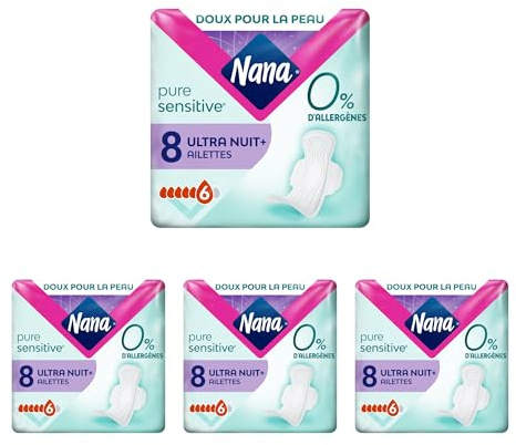 Nana PureSensitive Serviettes Hygiéniques Ultra Nuit Plus pour la Nuit - Flux Très Abondant - 0% Allergène*, Parfum, Colorant - 8 Serviettes avec Ailettes (Lot de 4)