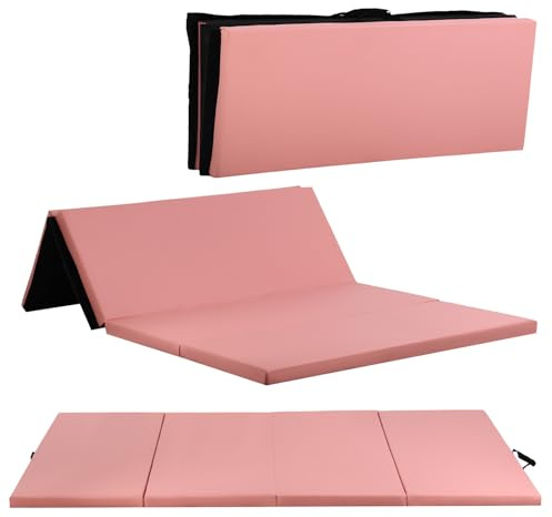 Gymnastics Mats Foldable Tumbling Mats Portable Gymnastics Exercise Mat Thick Gymnastics Tumbling Mats Pad Home Exercise Panel Mat With Carrying Handles(4 Folding 4ft W 6ft L,Pink)