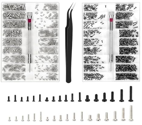 HAFRILY 1 000 stycken små skruvset, M1,2 M1,4 M2 miniskruvar, set med skruvmejsel, pincettskruvar för glasögonhängare, urmakare, mus, lapton (M+O)