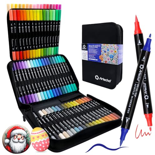Artecho 72 Colors Dual Tip Acrylic Paint Pens, Waterproof Acrylic Markers for Rock Painting, Wood, Glass, Quick Dry Paint Pens with Portable Canvas Bag for Artists Beginners DIY Crafts
