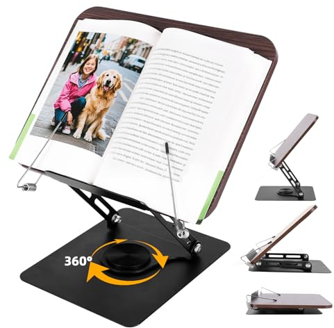 Atril de madera ajustable con base giratoria de 360°, plegable, ideal para oficina, cocina, escuela, recetas, tableta, notas musicales, altura y ángulo ajustables