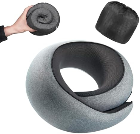 Optixion Travel Neck Pillow for Airplanes, Premium Memory Foam Neck Pillow with Ergonomic 360° Support, Travel Essentials for Plane, Car, Train and Home, Gray