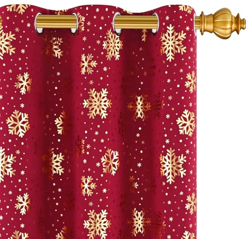 Yinhua Christmas Blackout Curtains for Bedroom, Gold Snowflake Living Room Curtains 84 Inch Length 2 Panels, Thermal Insulated Curtain Room Darkening Grommet Drapes, Christmas Decor, 52'' x 84'', Red