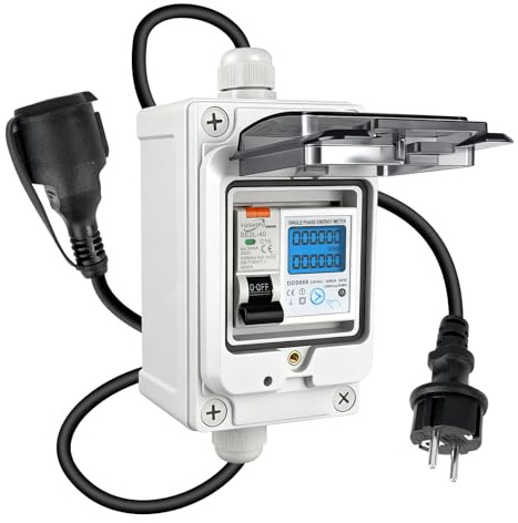 Compteur électrique numérique mobile 3 phases 16 A 230 V avec prise CEE / coupleur - Compteur électrique numérique mobile avec disjoncteur de protection, prise Schuko IP67, prise industrielle LED