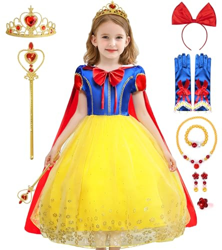 Mishopy Vestito Biancaneve Bambina Costume Biancaneve Costume Principessa Ragazze con Mantello Corona Guanti Principessa Fancy Dress per Compleanno Partito Cosplay Natale Halloween Carnevale (110cm)