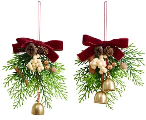 Decorazioni Natalizie con Fiocco e Campanellini, 2 Pezzi Campanelle da Appendere con Pigne e Rami di Pino, Addobbi Ornamento Albero di Natale per Ghirlande Fai Da Te, Decorazione di Finestre, Porte