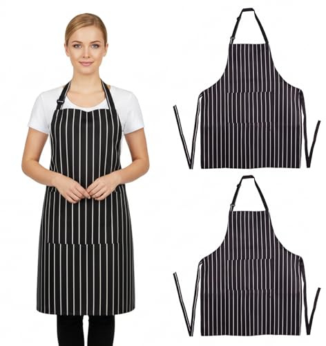 YTLSDHF 2 Pack Adjustable Black and White Striped Aprons for Men and Women, Chef Apron, Durable Cooking Apron for Kitchen, BBQ, Coffee House, Gardening, Restaurant, Baking