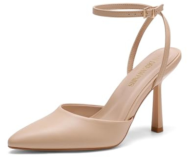 DREAM PAIRS High Heels for Women Closed Pointed Toe Dress Shoes for Women Ankle Strap Stiletto Heel Party Wedding Sexy Pump Shoes,Size 7.5,Nude-Pu,SDPU2496W
