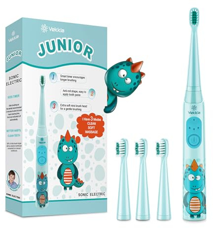 Vekkia Kids Rechargeable Electric Toothbrush for Ages 6-12, Electric Toothbrush Kids with Timer, 3 Modes, IPX7 Waterproof, 28000VPM Powerful & Gentle for Children‘s Teeth, 4 Soft Brush Heads(Blue)