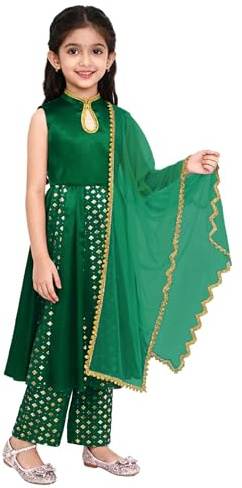 Sinleey Indian Girls Metallic Floral Print Dress Suit Kurta Pants Scarf Festive Occasion Ethnic Wear
