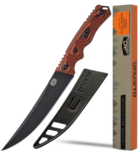DFACKTO 6-Inch Curved Boning Knife – Fieldbutcher Trailing Point Bushcraft Blade, Sheath – Full Tang High Carbon Stainless Steel Fillet, Deboning & Trimming for Hunting, Fish, and Poultry, Orange