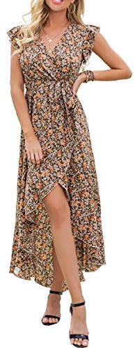 GRECERELLE Womens Summer Maxi Dress Boho Floral Cocktail Polka Dot Wrap Dresses V Neck Casual Party Bohemian Flowy Long Dress for Ladies (Fp Pastoral Coffee, XXL)