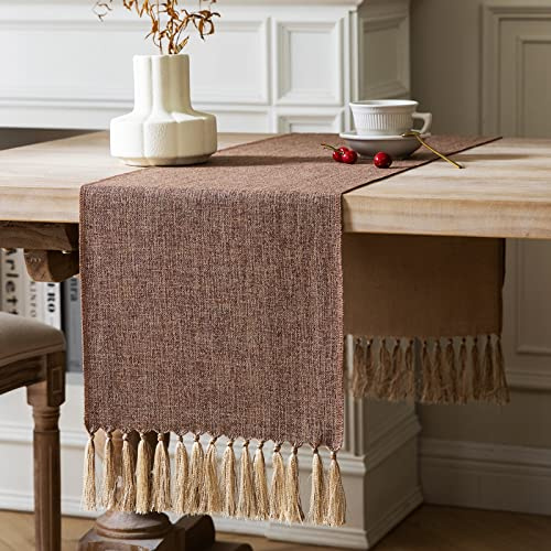 ZeeMart Bordslöpare, 183 cm lång, i jute-linnestil med rustik lantlig känsla, vävd boho-bordslöpare för matsal, 33 x 183 cm, brun