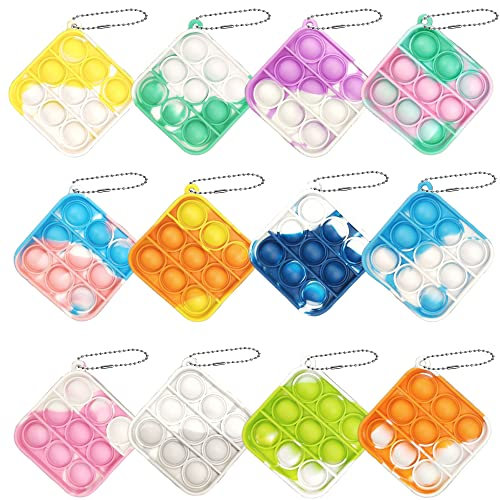 Steemjoey 12 Stück Pop Zappelspielzeug Mini Push Pop Fidget Spielzeug mit Schlüsselanhänger, Silikon-Regenbogen-Stressabbau-Handspielzeug für Office Desk, Kinder und Erwachsene Partygeschenke