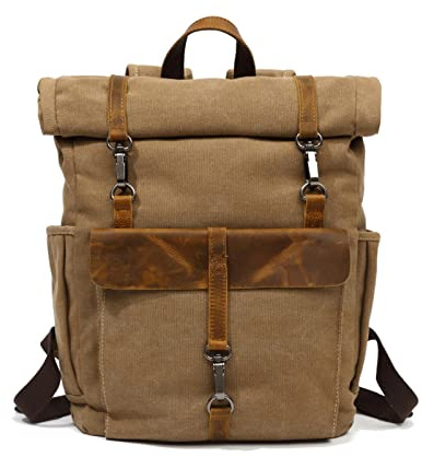 FANDARE Rolltop ryggsäck kanvas skolryggsäck laptop handbagage ryggsäck män kvinnor med 15,6 tum laptopfack ryggsäckar för affärer arbete resor skolväskor dagryggsäckar