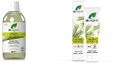 Dr. Organic Enjuague Bucal y Dentífrico de Árbol de Té, Antibacteriano, Sabor Menta, 500 ml y 100 ml