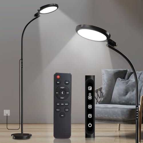 Trayvespace Round Floor Sun Lamp Therapy Light, 3-in-1 SAD Light Therapy Lamp with Remote & Touch Control & Adjustable Gooseneck for Reading/Office/Home (Black)