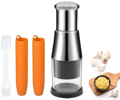 Knoblauchschneider Knoblauchpresse Wippe Gepresster Knoblauch Hacker Edelstahl Knoblauch Zerkleinerer Knoblauchstampfer Manuell Garlic Press mit Knoblauch Schäler und Bürste für Knoblauch Paprika