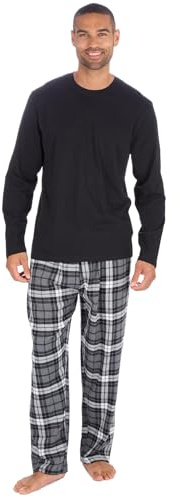 Style It Up Mens Long Sleeve Plain Top Checked Bottoms Sleepwear Pajama Set Crew Neck Warm Cozy Super Soft Adults Loungewear (GREY-BLACK, XL)