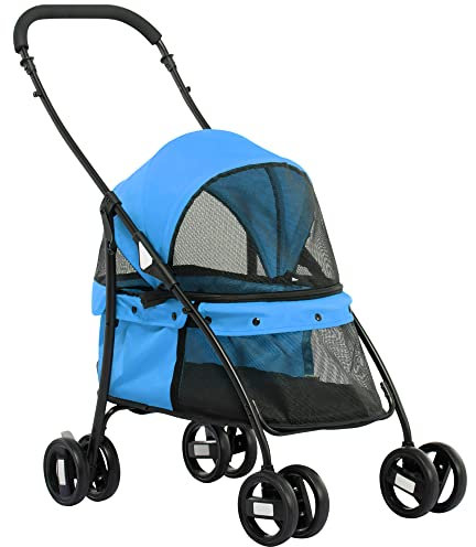 PawHut Hundebuggy Hundewagen mit Kissen Meshfenster, Klappbar Katzenwagen bis 10 kg mit 2 Sicherheitsleinen, Hundetrolley, Oxford-Gewebe, Blau