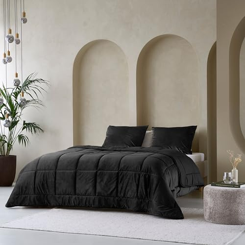 Zelesta Velvetbed Couette lavable, sans housse, en velours, couverture 4 saisons, anti-allergique, noir, 240x200 cm