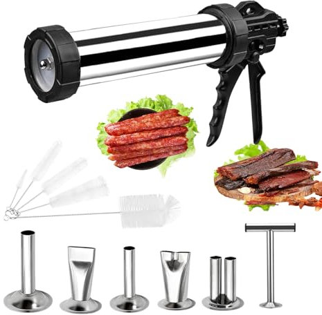 1.59LB Jerky Maker Gun Set with 6 Stainless Steel Nozzles and Cleaning Brush, Jerky Gun for Ground Meat ,Sausage Stuffer,Professional Meat Stuffer Kit