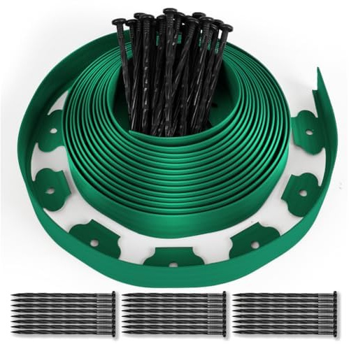 Bordura per Aiuole, Bordo per Giardino 10m x5cm, Bordi Flessibili per Prato, Bordatura da Giardino, Bordura per Orto, Bordo Giardino Plastica con 50 Picchetti di Ancoraggio - Verde