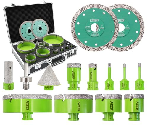 FACHLICH Punte Diamantate Gres Porcellanato - (6/6/8/20/35/50/68/100/125mm+20mm Fresa+50mm Punte Smusso+Adattatore)+2pz 125mm Disco Diamantate per Piastrelle Porcellana Piastrella Granito Marmo