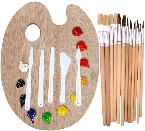 Paleta Pintura Madera, Acuarelas y Oleo - Paleta para Pintar mas 12 Pinceles Acuarelas, Acrílica, Oleo - Paleta Mezclar Pintura 30x40cm – Paleta Oleo mas 5 Raspadores - Paint Palette
