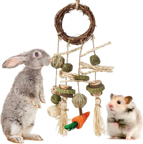 Fonyet Kaninchen Spielzeug Hasen Zubehör Käfig Hängende Kauspielzeug Hasenspielzeuge mit Heu und Zahnpflegeball für Hamster, Meerschweinchen