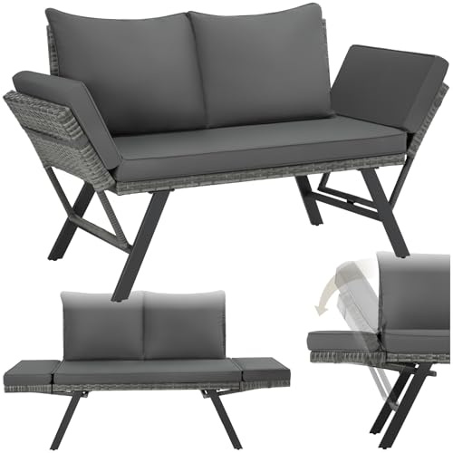 tectake® Divano Lounge in Rattan, 2 in 1, Braccioli Pieghevoli, Cuscini Morbidi, Imbottitura Spessa, Sofà in Polyrattan Resistente, Fodere Idrorepellenti, Arredamento Esterno e Interno - Grigio