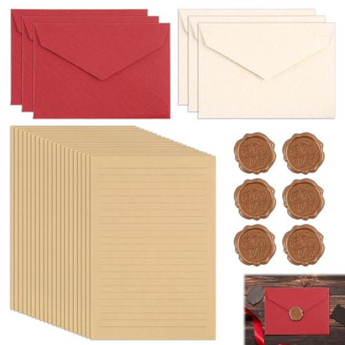 32 unidades de papel de carta vintage, juego de papel de carta con sobre y sello de cera, 20 hojas A5 rayadas, sobres de lino, papel de carta elegante para bodas, cumpleaños, invitaciones, tarjetas de