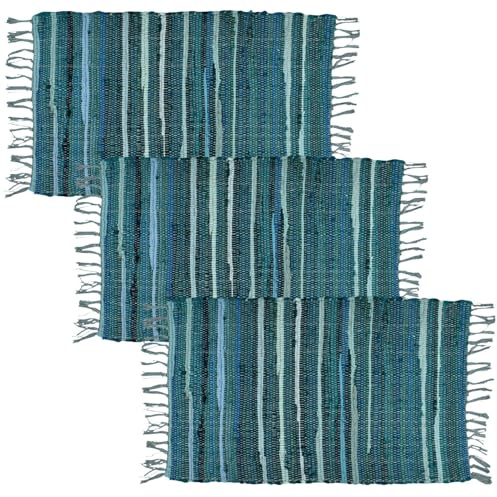 MARRAKESCH - Set di 3 tappeti in tessuto a mano in cotone Rug piccolo, 50 x 90 cm, motivo a strisce boho in cotone con frange, per soggiorno, cucina, corridoio