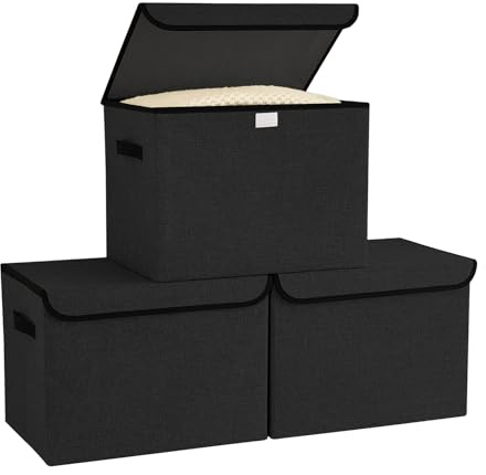 Bagnizer Large Collapsible Storage Baskets with Lids & Handles 3PCS | Storage Boxes for Clothes Toy Large Foldable Organize Box for Wardrobe Bedroom Office Black 42x30x30CM