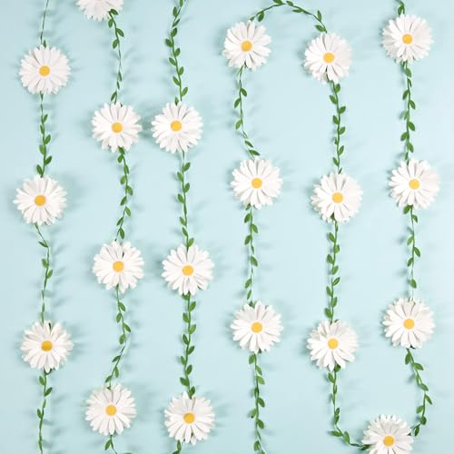 EASY JOY Lotto di 2 Guirlande di Margherite 3D in Carta,Banner di Fiori con Foglie Verdi,Decorazione Sospesa di Margherite Bianche per Matrimoni Primaverili,Compleanni, Baby Shower e Feste di Giardino