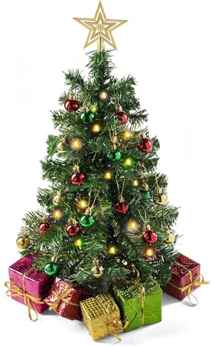 Prextex 23-Inch Mini Christmas Tree with Lights- Small Holiday Tree with Ornaments, Star Topper, and Gift Boxes- Easy Setup Table Decorations for Home, Office, and Indoor Festive Displays