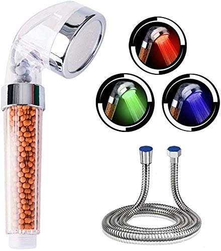 Handbrause mit 7 Farben, LED, mit Schlauch, LED-Duschkopf, Duschkopf, Badezimmer, Duschkopf mit hohem Druck, spart Wasser, Zerstäuber und Doppelfilter gegen Chlor