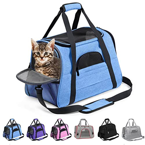 KJSXUUE Transportlåda katt, transportbur hund, mjuk och vikbar bärbar transportbur för husdjur, kan bäras för hand, över axeln eller crossbody (blå)