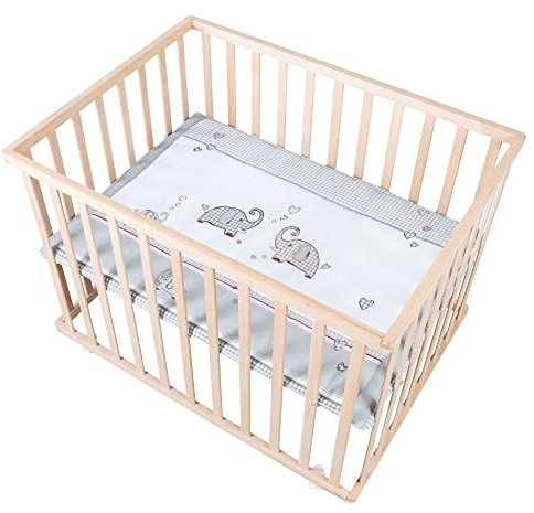 roba Parque Infantil Jumbotwins 75 x 100 cm con Colchón - Corralito de Juegos - Móvil con Ruedas - Ajustable en Altura - Madera Natural