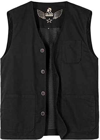 Yukirtiq Hommes Gilet de Pêche Léger Gilet de Sport Respirant Coton Gilets de Plein Air Veste sans Manches Gilet de Photographie Journaliste Chasse Loisirs, Noir, M