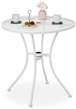 Relaxdays Gartentisch, mit Schirmloch & Stöpsel, Gitter-Optik, robuster Stahl, HxD: 72 x 70 cm, runder Balkontisch, weiß