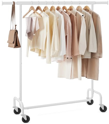 SONGMICS Kleiderständer auf Rollen, Garderobenständer, hochbelastbar, ausziehbare Kleiderstange, bis 130 kg belastbar, 45 x (110-150) x 162,9 cm, aus Metall, verchromt, mattweiß HSR011W01