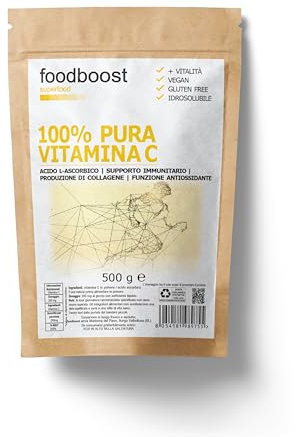 100% Vitamina C in polvere Pura ½ Kg - foodboost - senza additivi, conservanti, edulcoranti. Per Collagene, supporto immunitario, ossa e articolazioni. marchio di fiducia italiano