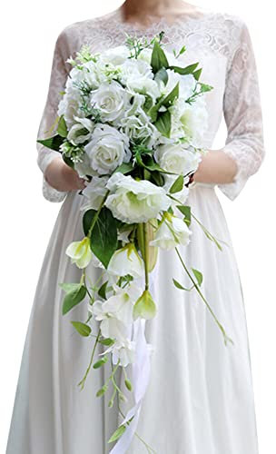 Uposao Bouquet De Mariée, Motif De Goutte d'eau Bouquet De Roses Artificielles, Bouquets De Tenue De Mariée en Cascade Accessoires De Centre De Table De Mariage d'anniversaire