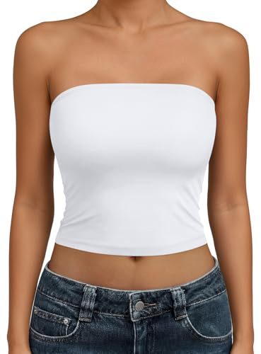 Trendy Queen Womens Tube Tops Strapless Crop Tops Basic Backless Sleeveless Going Out 2026 Spring Outfits Summer Clothes White M
