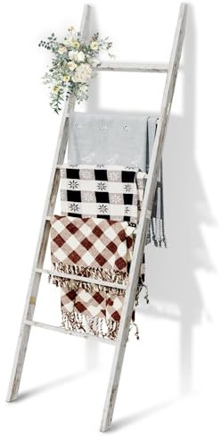 6-Tier Blanket Ladder Wooden, 5.7FT(66.5'') Blanket Quilt Towel Holder Rack Decorative Ladder, Easy Assembly, Rustic Farmhouse Ladder Shelf for The Living Room Bedroom Bathroom Home Decor, White Wash