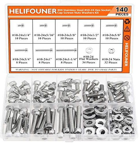 HELIFOUNER 140 Pieces #10-24 x 1/4 5/16 3/8 1/2 5/8 3/4 1 1-1/4, Hex Socket Head Cap Screws Bolts Washers Nuts Kit, Coarse Thread, Fully Machine Threaded, 304 Stainless Steel