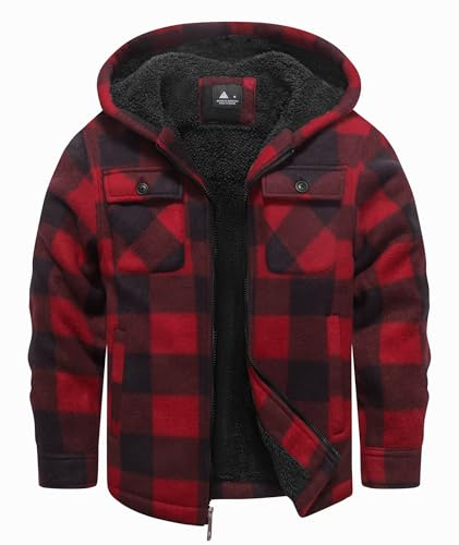 zitysport Veste Chemise Garçon Épaisseur Hoodie Veste à Carreaux Enfants avec Fermeture Flanelle Chaude Garçons Sweat Capuche Extérieure Vestes d'hiver Doublées Pour Garçon Poche